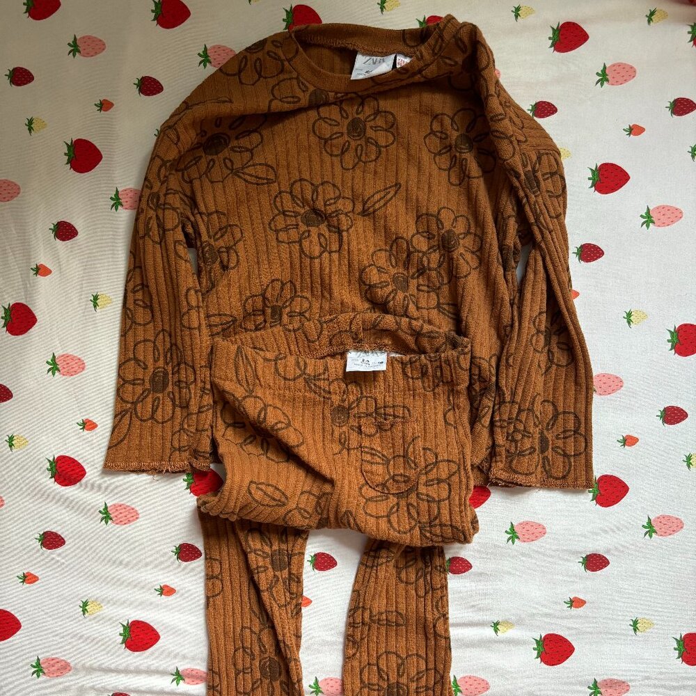 Zara 2T-3T matching ribbed set - brown flowers and bell bottoms